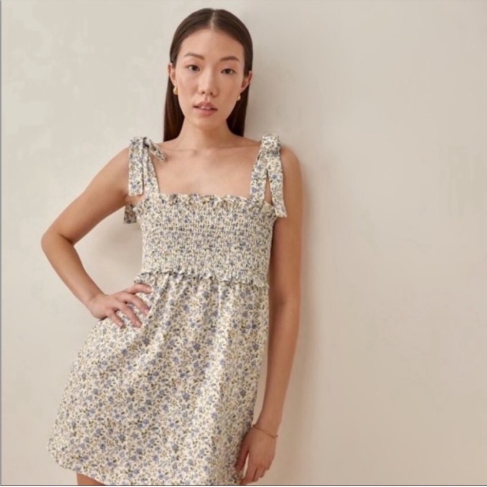 Reformation Linen Dawson Dress in Pixie Blue Floral Size S